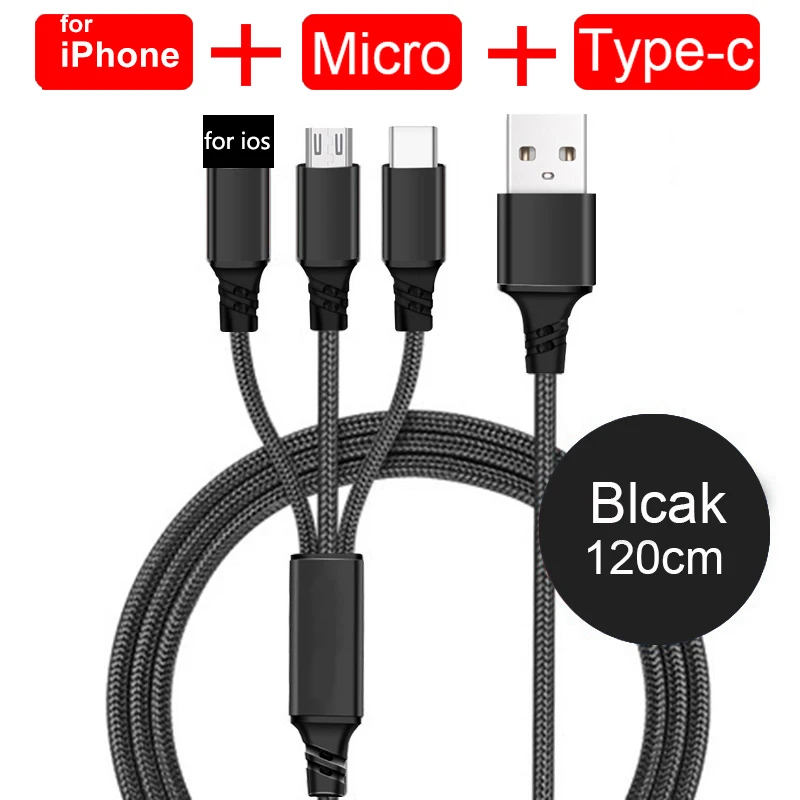 3 в 1 USB кабель для iPhone XR XS X 8 7 6 3.0A Type C зарядного устройства Samsung S9 Xiaomi LG Micro быстрой