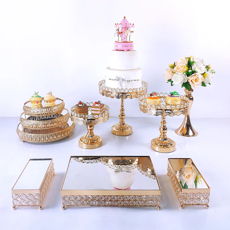 

8-10Gold Metal Electroplate Acrylic Mirror Cake Stand Set Display Wedding Birthday Party Dessert Cupcake Plate Rack