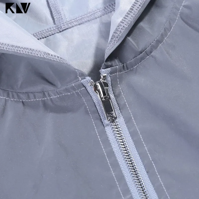 KLV осенние женские светоотражающие с длинным рукавом, с капюшоном, на молнии, Молодежные кроп топы для ночного бега, ветровка, короткое пальто, куртка