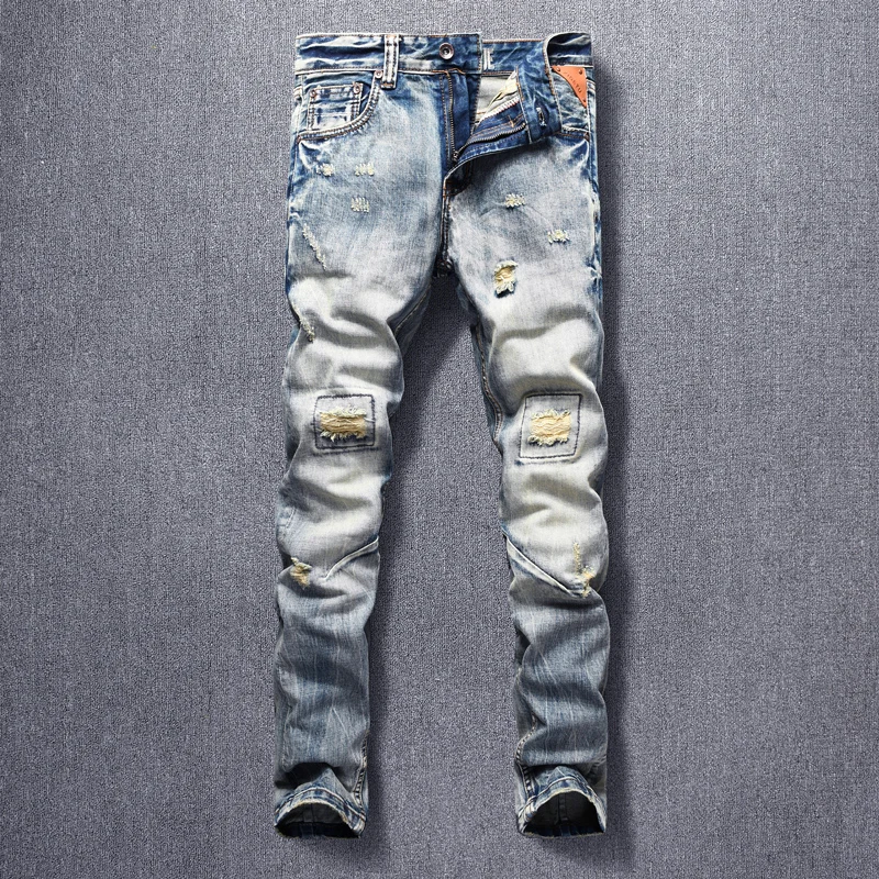 

Italian Style Fashion Men Jeans Retro Yellow Blue Destroyed Slim Fit Ripped Jeans Men Patches Designer Hip Hop Denim Punk Pants