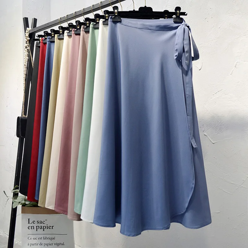 

Женская юбка с завышенной талией, повседневная однотонная пляжная юбка средней длины с завязками сбоку, лето 2021