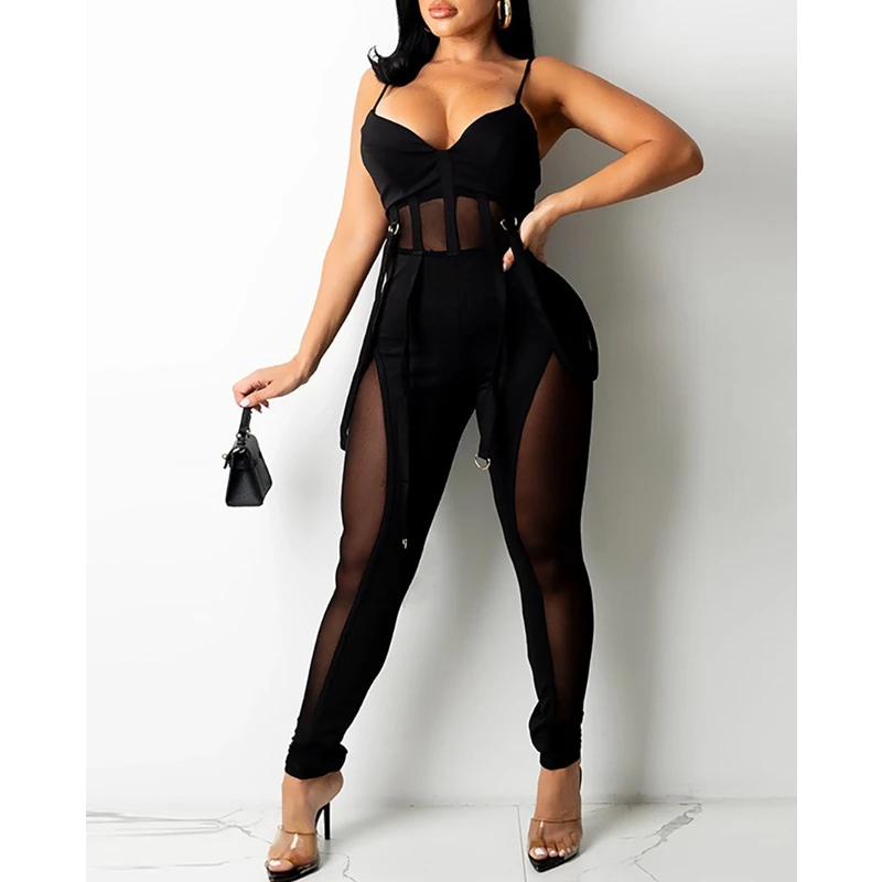 

Women Skinny Romper Overalls Mesh Patchwork V-neck Spaghetti Strap Jumpsuits Pants Sexy Ladies Summer Clothing Club Streetwear