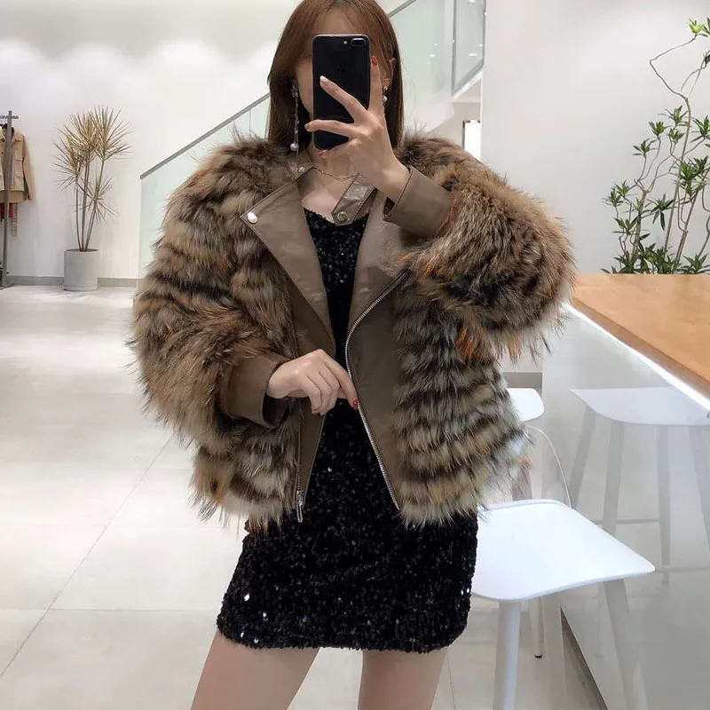 

New Fashion 2020 Women Coat Winter Short Overcoat Natural Real Raccoon Dog Fur Patchwork Genuine Leather Jacket +FN0060