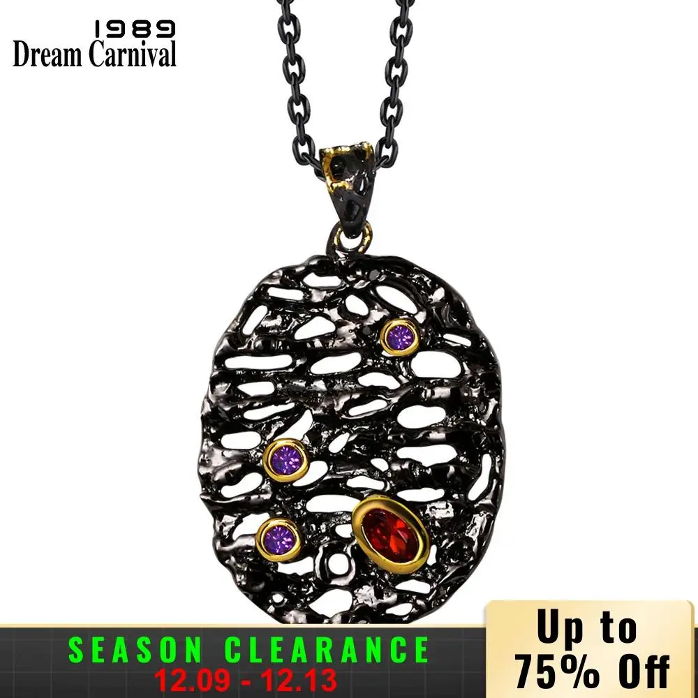 DreamCarnival1989 Neo-Gothic Long Necklace for Women Big Oval Hollow Egg Pendant Red Purple CZ Collier Bijoux Black Gold Color