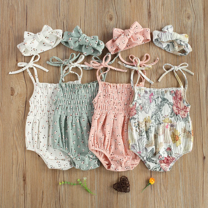 

Pudcoco 0-24M 2Pcs Summer Baby Girl Floral Print Bow Spaghetti Strap Sleeveless Bodysuit+Headband 4 Colors Outfits Clothes