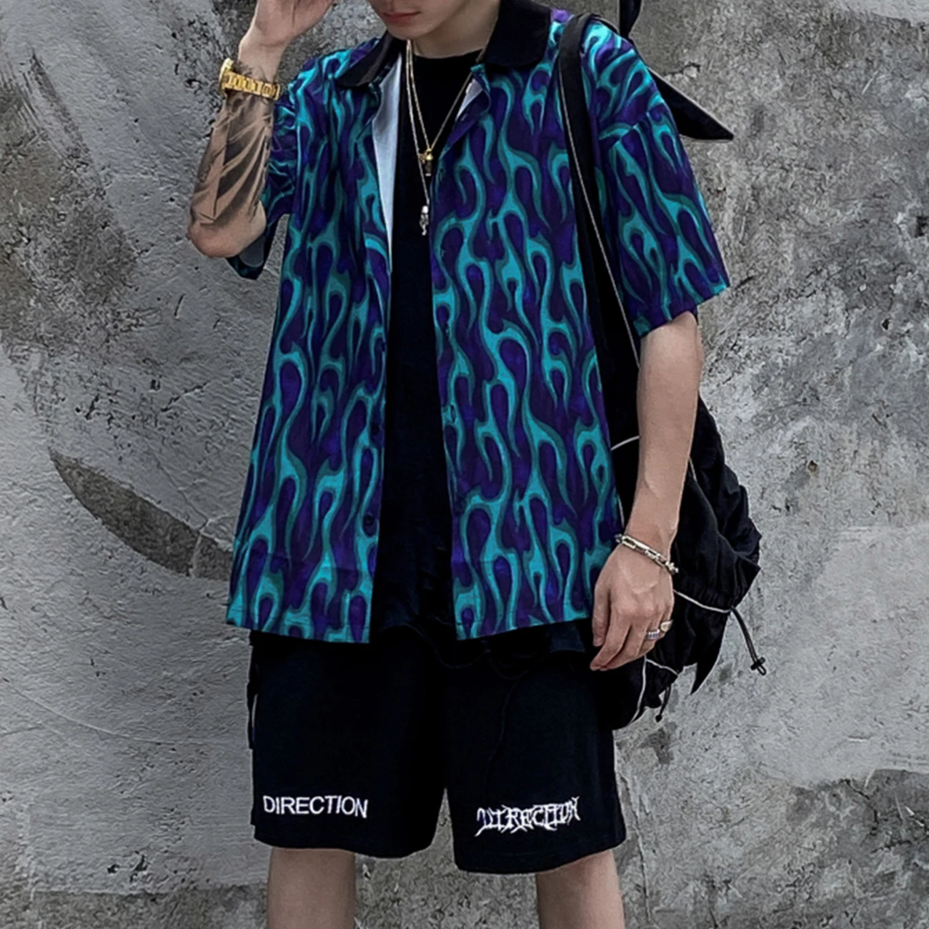 LACIBLE в стиле хип хоп голубого пламени рубашки Для мужчин 2020 Лето Harajuku свободный