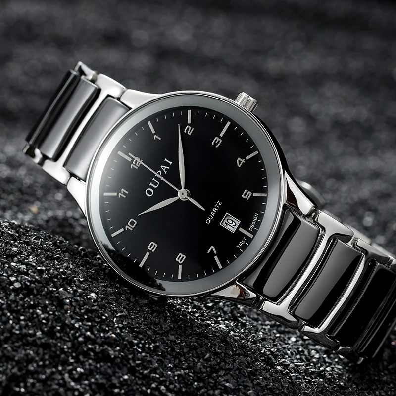 

OUPAI Ultrathin Black Ceramic Watch Man Sliver Classic Business Watch Men waterproof with Calendar White Ceramic watch woman