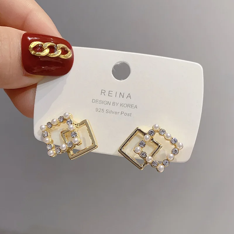

S925 Needle Sweet Crystal Square Stud Earrings Imitation Pearl Rhombus Earing for Women Wedding Jewelry Valentine's Day Gift