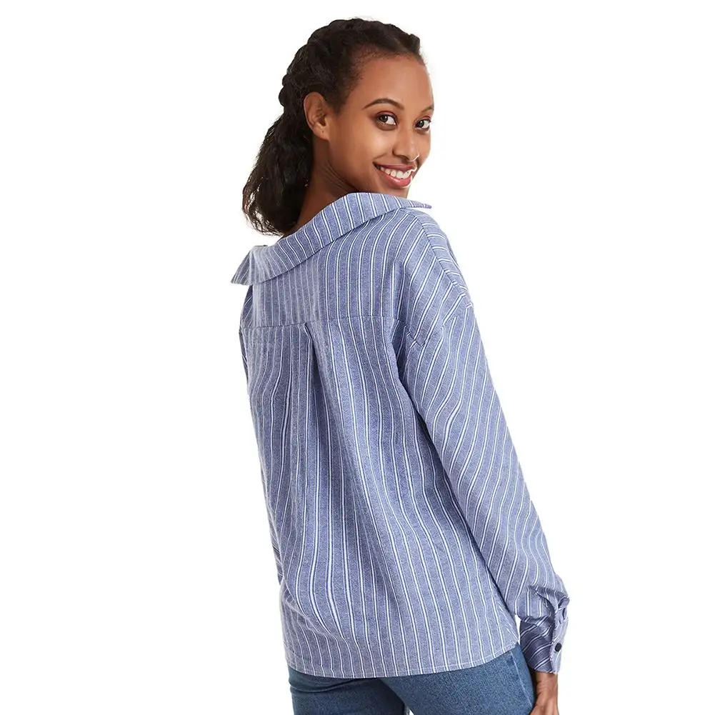 

2021 Women Fashion Long Sleeve Turn Down Collar Stripes Office Shirt Cotton Blouse Women's Clothing ropa mujer
