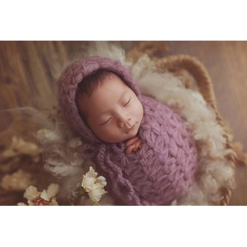 

Baby Infants Blanket Cap Backdrop Set Newborn Photography Props Fluffy Stretch Knitted Wrap Swaddling Mesh Hat DXAD