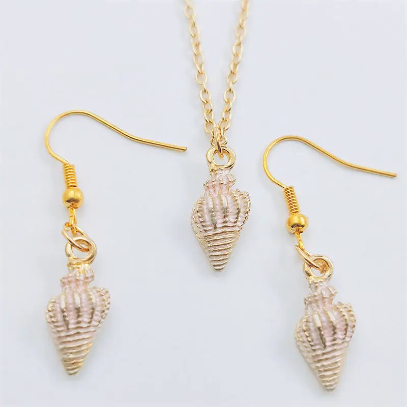 

New Pink Conch Gold Earring Necklace Sets Jewelry Set Retro Vintage Antique,Fashion Women Christmas Birthday Girl Gift