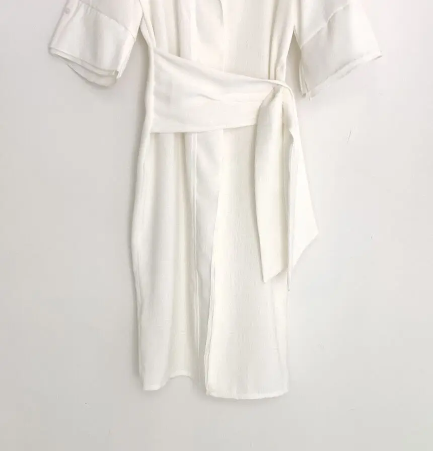 

Summer Korean Temperament Elegant Side Split OL Turn Down Collar Short Sleeve White Lace Up Long Shirt Dress Black Bandage Dress