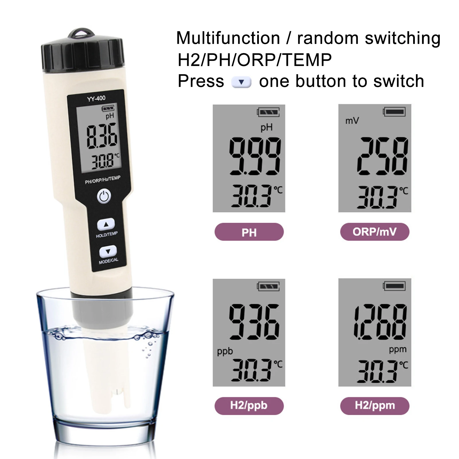 

Digital pH Meter 4 in 1 PH ORP H2 Temperature Water Quality Monitor Tester