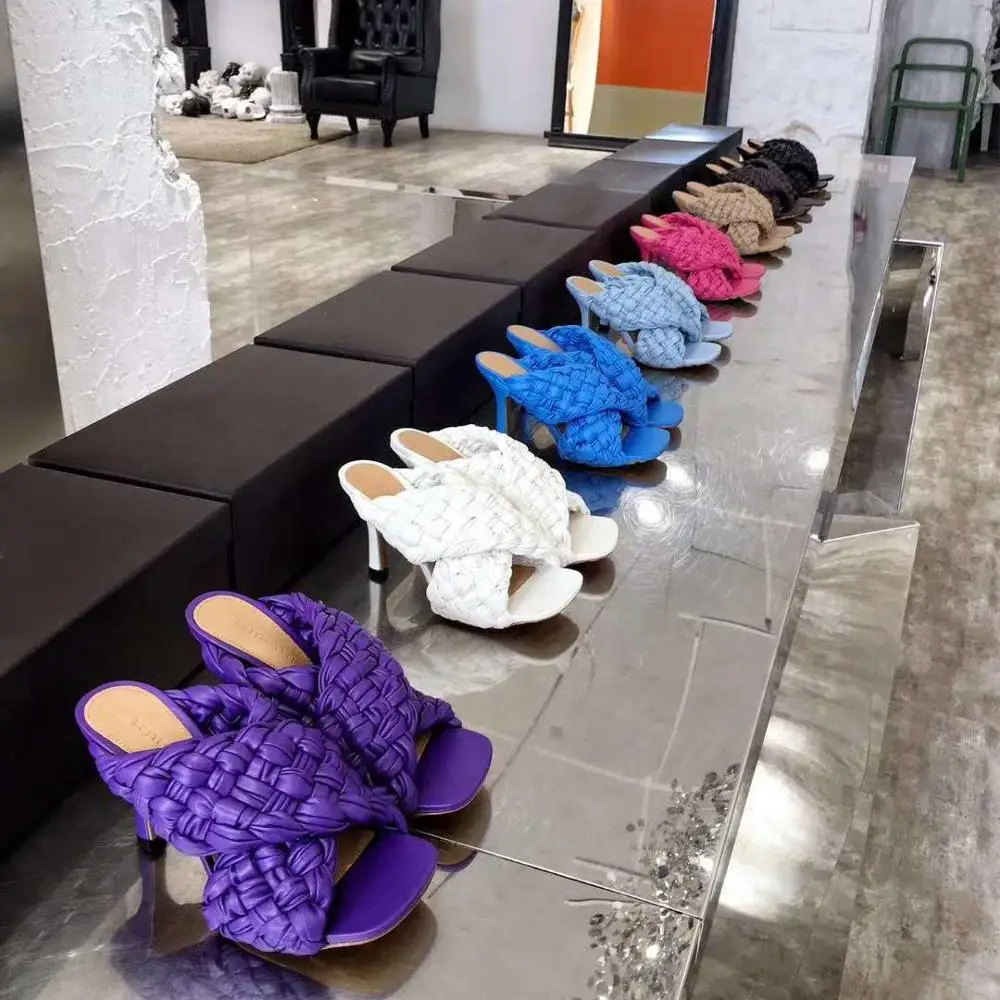 

vallu 2020 summer new pointed heel outer wear street wild mid-heel fashion leather woven sandals
