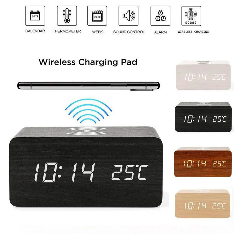 Фото 2 IN1 Modern Wooden Wood Digital LED Electric Alarm Clock Thermometer Qi Wireless Charger Charging Pad Station Мобильные телефоны 2 IN1 Modern Wooden Wood Digital LED Electric Alarm Clock Thermometer Qi Wireless Charger Charging Pad Station Мобильные телефоны