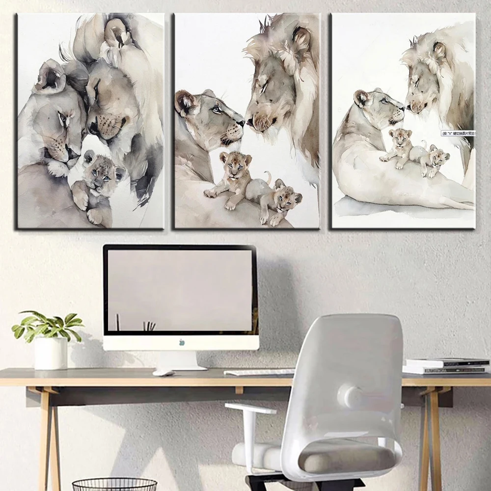 

Animal Cartoon Wall Art Canvas Lion Family Poster Print The Love Of Father Mother Kids Photo Painting HD Home Decor Pictures