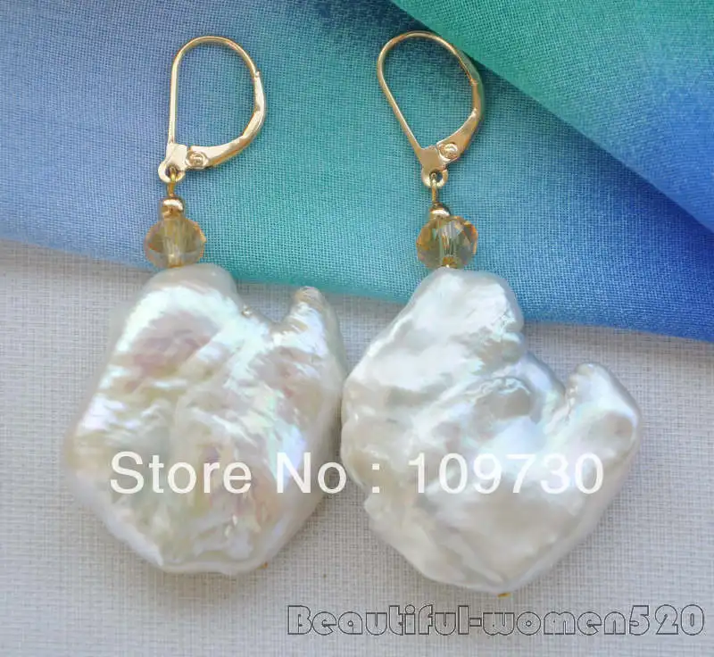

ry0089 BIG 35mm WHITE BAROQUE KESHI REBORN PEARL DANGLE EARRING 5.4