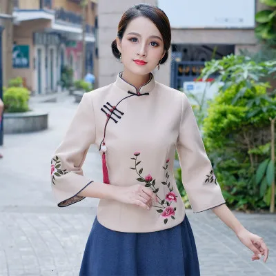 apricot blouse Sheng Coco Woolen Chinese Blouse Coat LadiesTraditional Chinese Shirts Embroidery Blouses Woolen Suit Classic Blue Suit - Цвет: apricot blouse