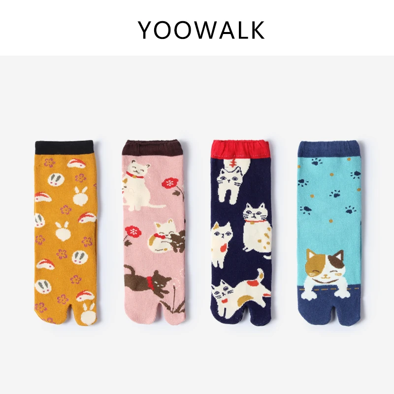 Носки YOOWALK из хлопка с двумя пальцами изображением кота мультяшных животных