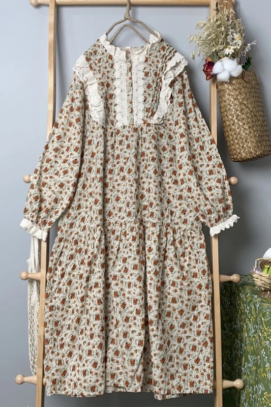 

Japanese Mori Girl Doll Collar Floral Long Dress 2021 Spring New Lace Stitching Age Reduction Print Dress