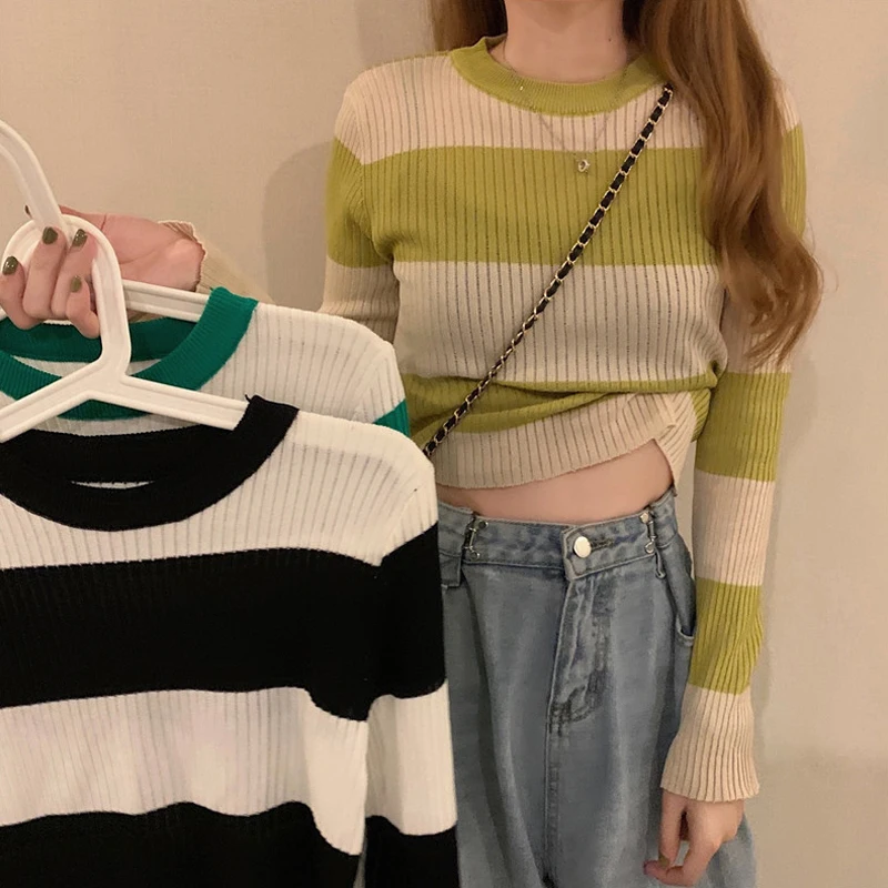 

Casual Autumn Style Women Sweater O-neck Knitted Pullovers Fashion Brand Korean Clothes Female Crop Top Striped 2021 New