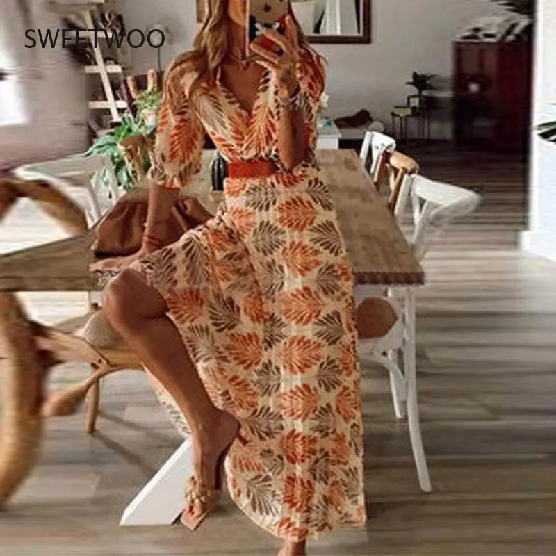 

Fashion V-Neck Long Dress Printed Folded Holiday Long Swing Dress Summer Spring Women's Casual Beach Sexy Loose Ladies Dress