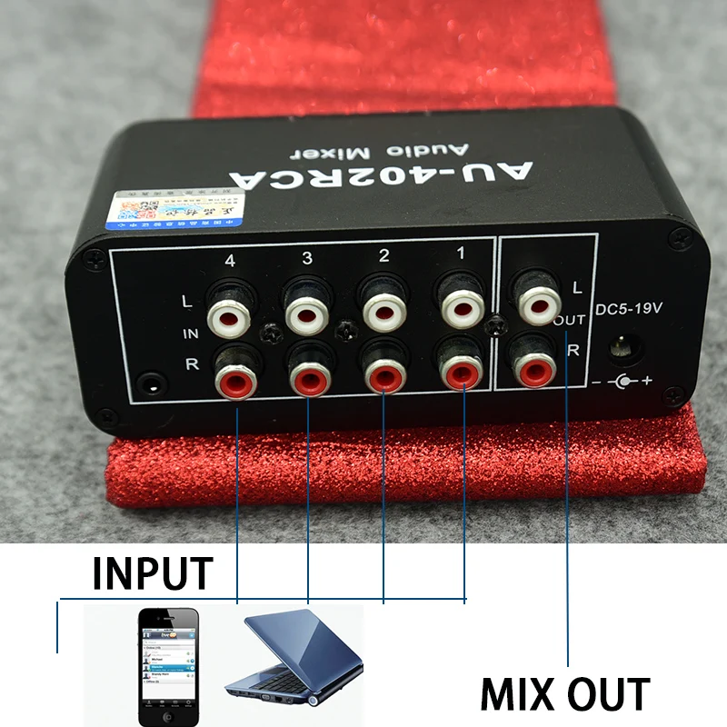 

Meat eaters Stereo Audio Mixer (4 Input 1 Output) Multi-Channel mix Source Reverberator Switch Free 3.5mm RCA Interface Diy