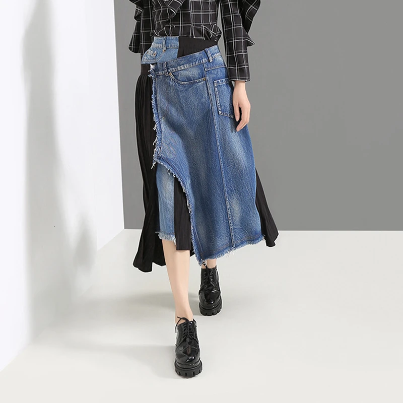 Женская Лоскутная джинсовая юбка CHICEVER повседневная плиссированная большого