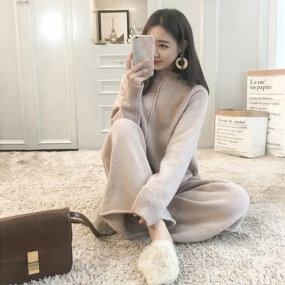 Осенние комплекты из двух предметов однотонные свободные трикотажные топы с