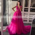 Женское длинное вечернее платье, элегантное фатиновое платье-трапеция цвета фуксии с глубоким декольте и шлейфом, платье для выпускного вечера, 2021