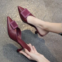 square buckle baotou half slippers womens new set of feet in summer 21 korean version of breathable wine red high heels sandals