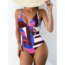 2022 Sexy One Piece Swimwear Patchwork Print Swimwear Women Swimsuit Backless Bathing Suit Sport Mon