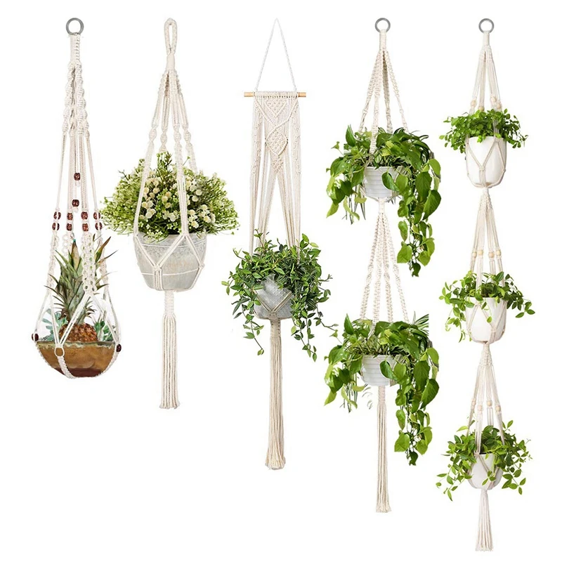 

5-Pack Macrame Plant Hangers, Different Tiers, Handmade Cotton Rope Hanging Planters Set Flower Pots Holder Stand, For Indoor Ou