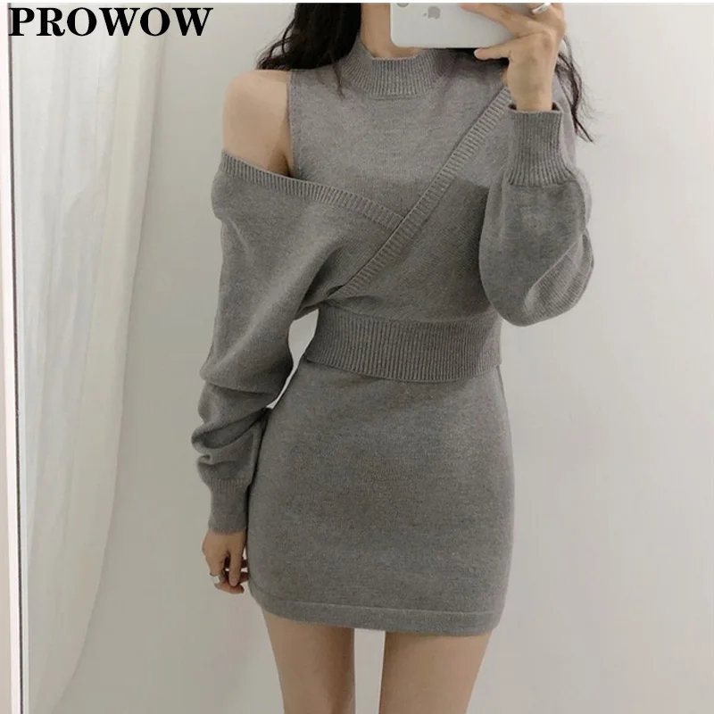 

Платье-Свитер женское трикотажное, Осень-зима, с открытыми плечами