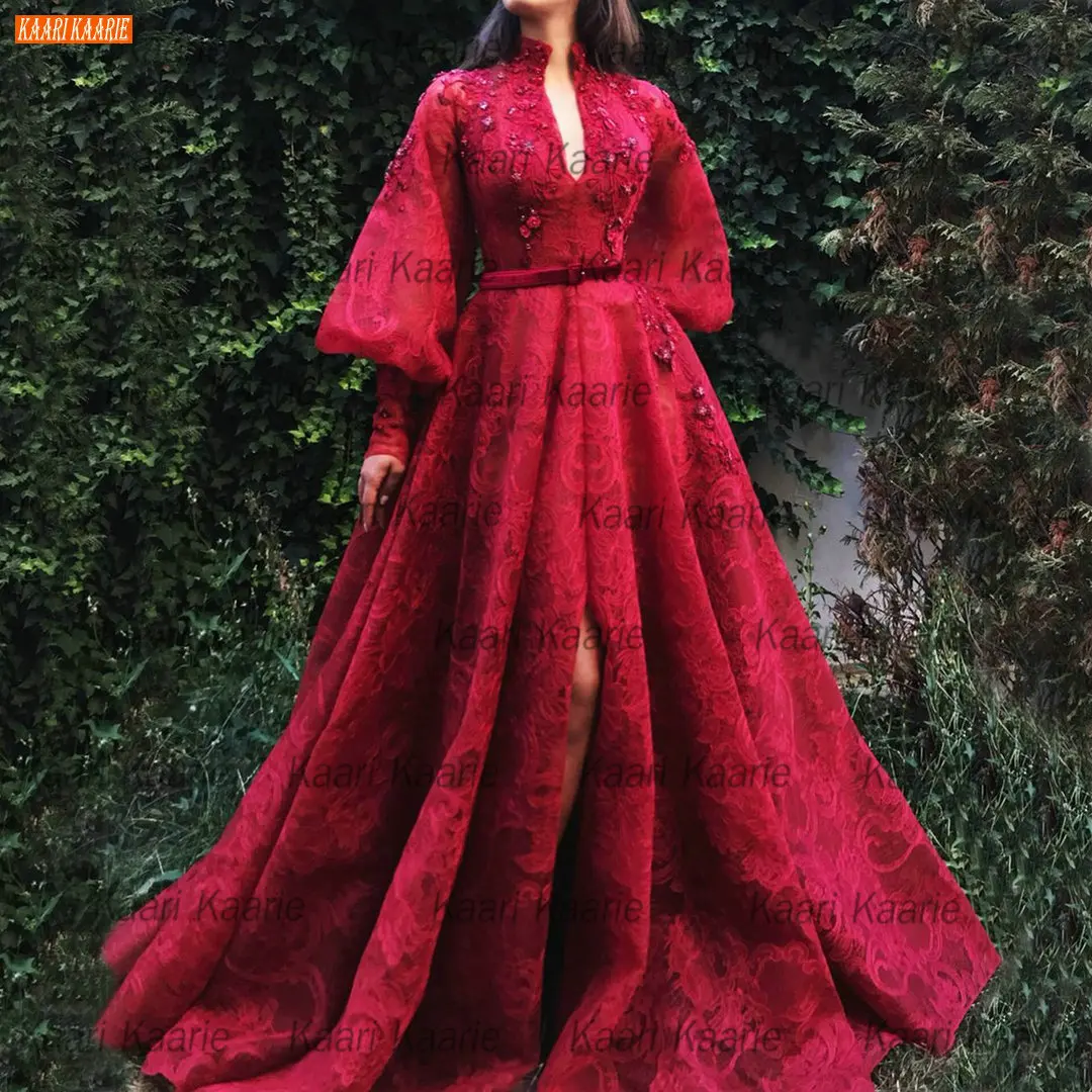 

Burgundy Lace Evening Dresses 2021 Vestidos De Fiesta De Noche Long Sleeves Abiti Da Cerimonia Da Sera Formal Women Party Dress