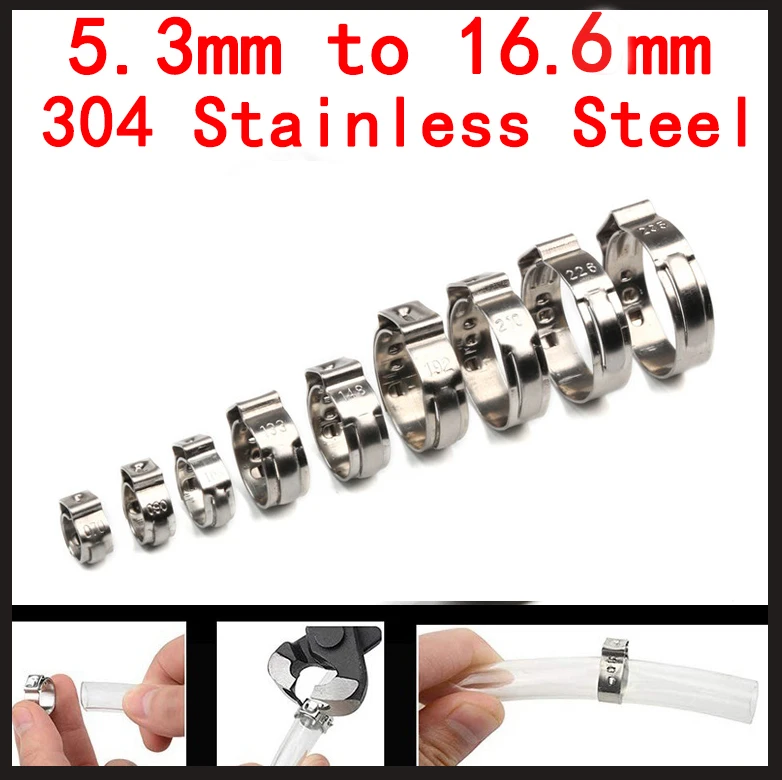 

50pcs Single Ear Stepless Hose Clamps 5.3-16.6mm 304 Hose Clamp Clamp Ring Used to Seal Various Hoses Free shipping
