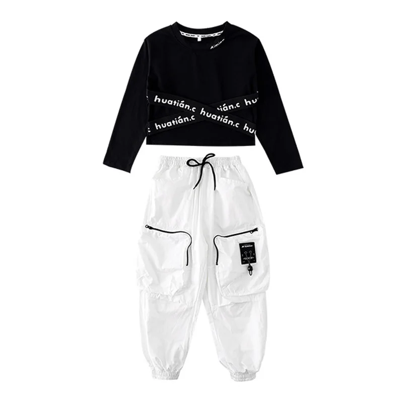 Kid Kpop Hip Hop Clothing Black Sweatshirt Crop Top White Streetwear Cargo Jogger Pants for Girls Jazz Dance Costume Clothes
