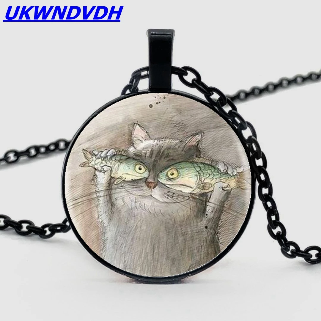 Cat portrait bump glass necklace retro style fashion men and women necklace