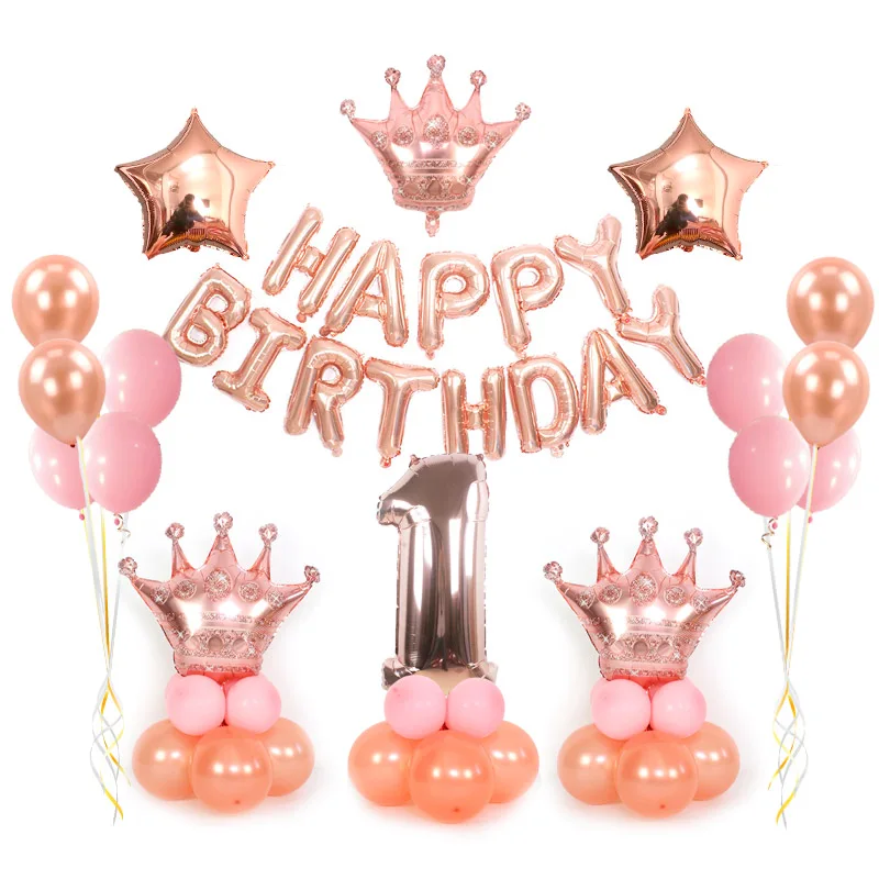 

Rose Gold Birthday Party Balloons Happy Birthday Letter Foil Balloon Crown Balls Baby Shower Anniversary Party Decor Supplies