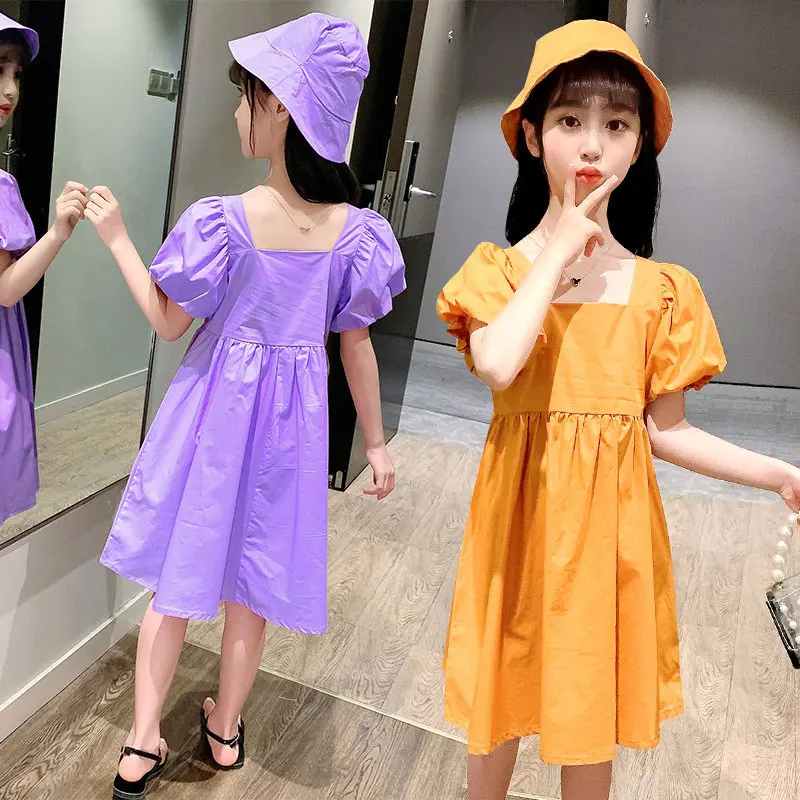 

2021 Summer New Arrival Vacation Girls Fashion Solid 3 Color Dress Kids Cotton Dresses With Free Hat Children's Clothing 4-14Yrs