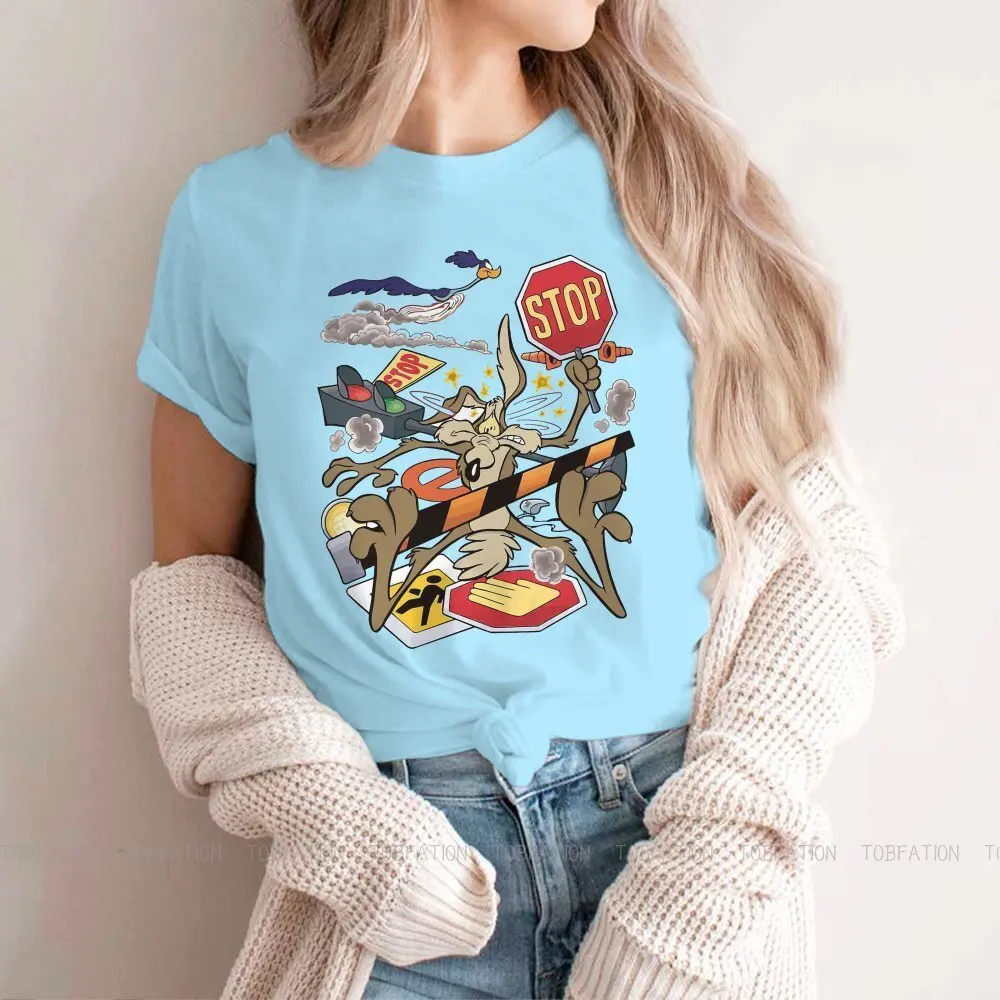 

Stop Printing Round Collar TShirt Roadrunner Animation Amusing Fight Fabric Basic T Shirt Woman Tops Individuality Oversized