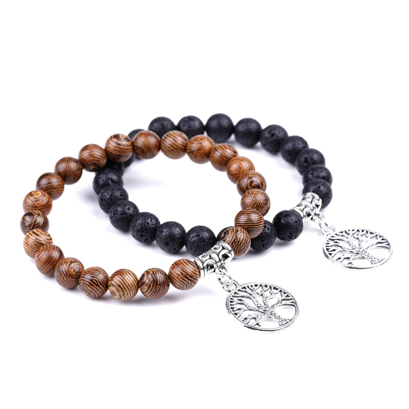 

SHOW NICE Tree Life Pendant Chicken Wing Wood Lava Beaded Charm Bracelet For Men Women Couples Distance Gifts