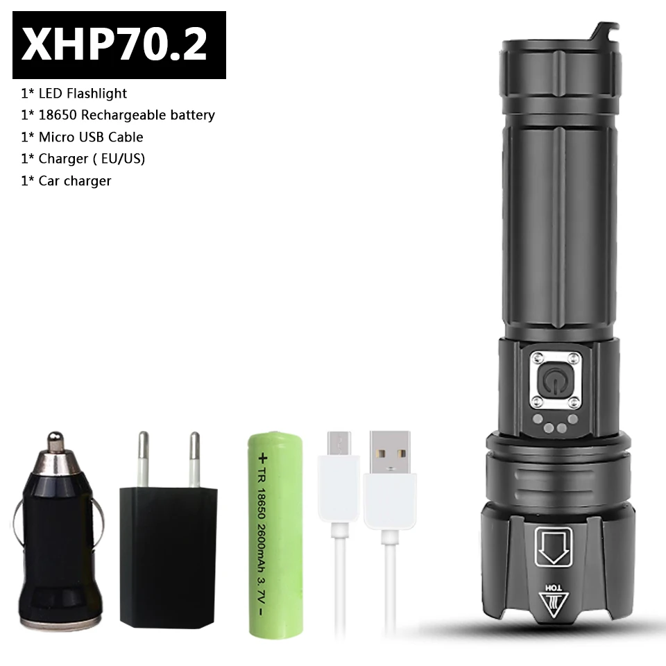 Package C Светодиодный фонарик cree xhp70.2, зарядка через usb, растягивающийся, ударопрочный, мощный, перезаряжаемый фонарь 18650 или 26650 - Испускаемый цвет: Package C
