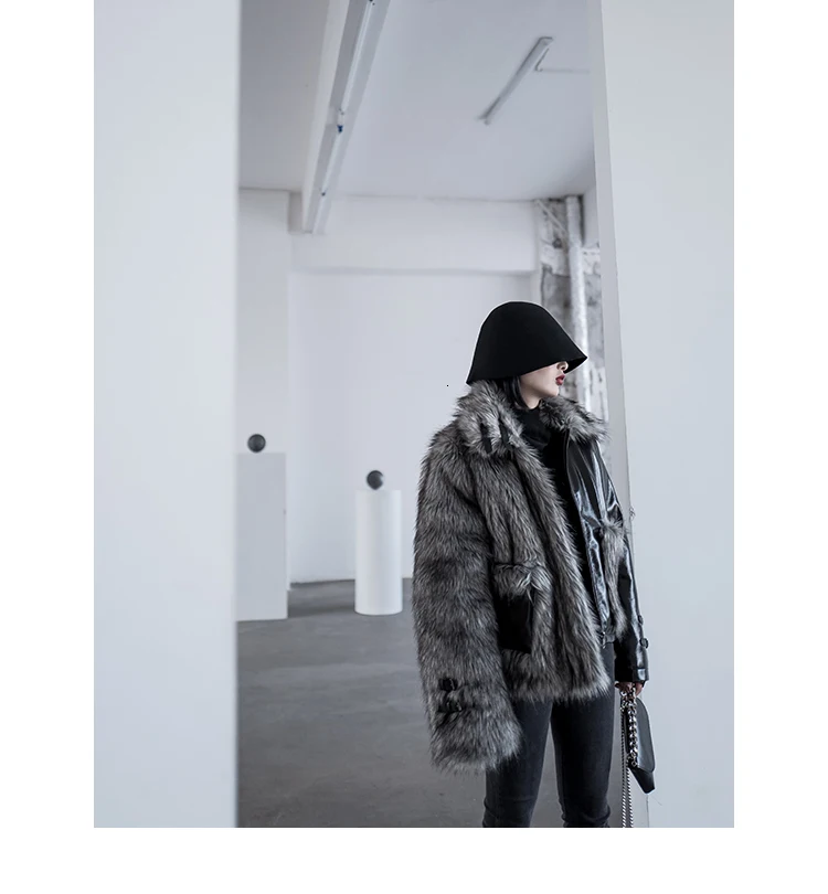 [DEAT]Loose Fit Leather Spliced Hit Color Warm Woolen Coat Parkas New Lapel Long Sleeve Women Fashion Autumn Winter 13E858