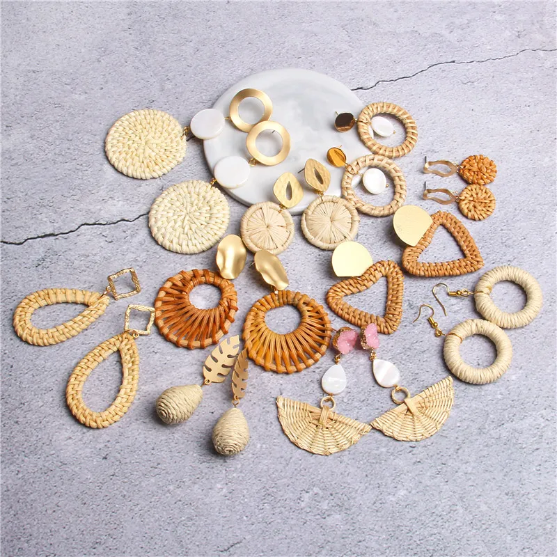 Серьги люстры из ротанга геометрической формы в стиле бохо для женщин и девочек