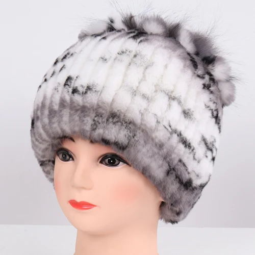 white and black 3 Новое поступление зимние женские Хорошие эластичные Настоящий мех кролика шапочки шапки женские толстые теплые натуральная меховая вязаная шапка из настоящего меха - Цвет: white and black 3