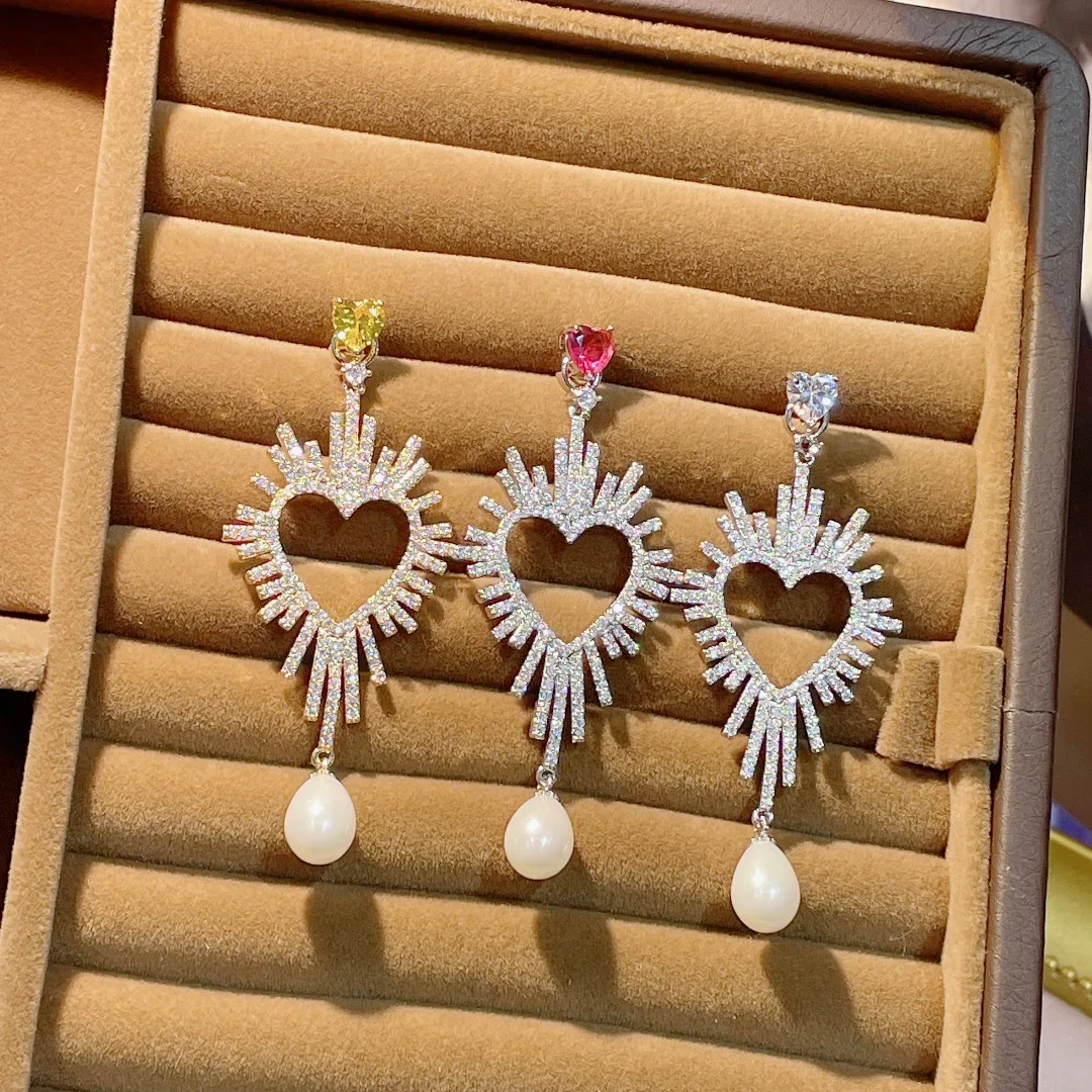 

HIBRIDE Hot Yellow Heart Shape Imitation Pearl Cubic Zirconia Dangle Earrings for Women Engagement Wedding Dress Jewelry E-1041