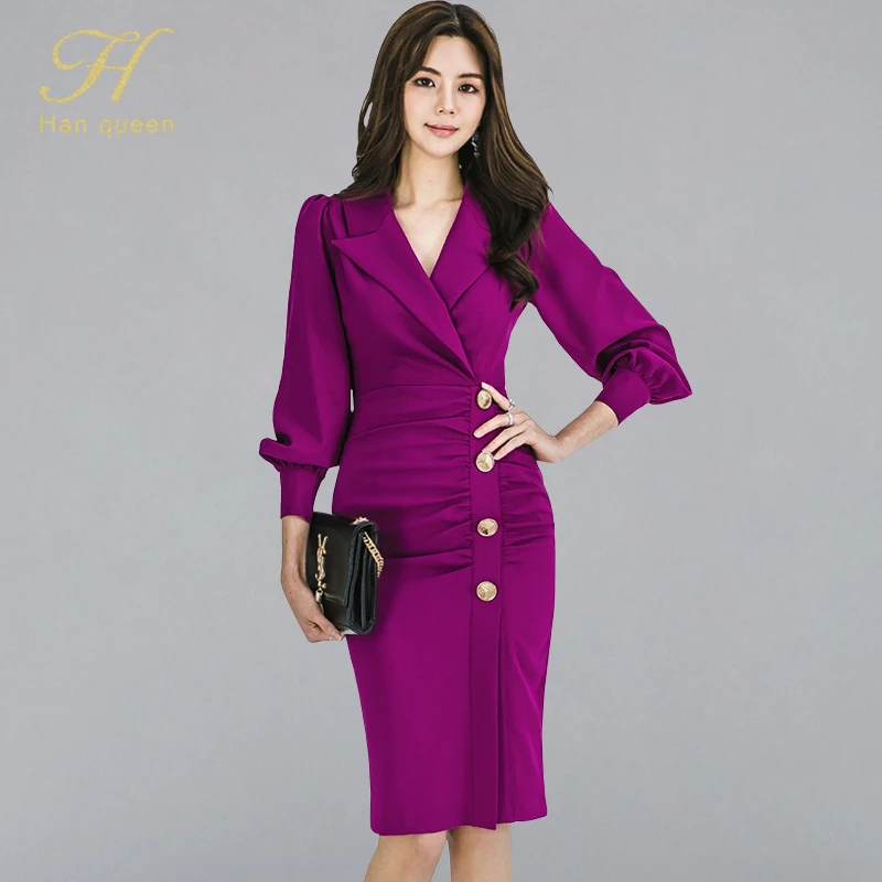 Purple H Han queen винтажное платье с рюшами драпированные облегающее платье-карандаш женское однобортное платье с вырезами на шее офисная одежда OL оболочка Vestidos - Цвет: Purple