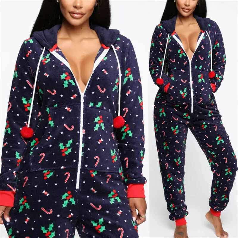 

Ladies Xmas Nightwear Pajamas PJs Rompers Casual Family Women Holiday Hooded Zipper Up Romper Jumpsuits Christmas Pyjamas Ladies