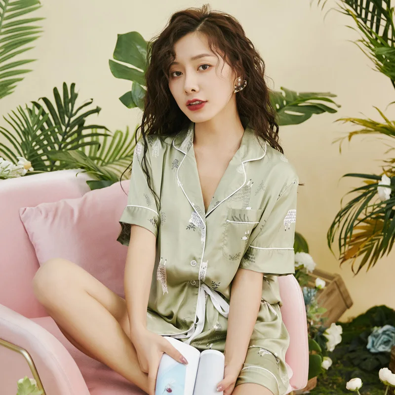 

Summer Women Pajamas Set Thin Soft Faux Silk Short Sleeve Shorts Suit Sweet Print Cartoon Pyjama Pour Femme Loose Home Clothes